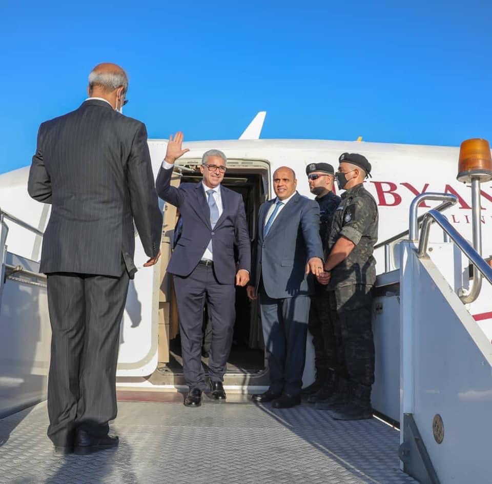 Former Minister of Interior at the Government of National Accord (GNA) Fathi Bash Agha getting off a plane at Tripoli