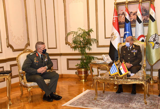 Minister of Defense Mohamed Zaki in meeting with Chief of the Hellenic National Defense General Staff Konstantinos Floros in Cairo on January 18, 2021. Press Photo