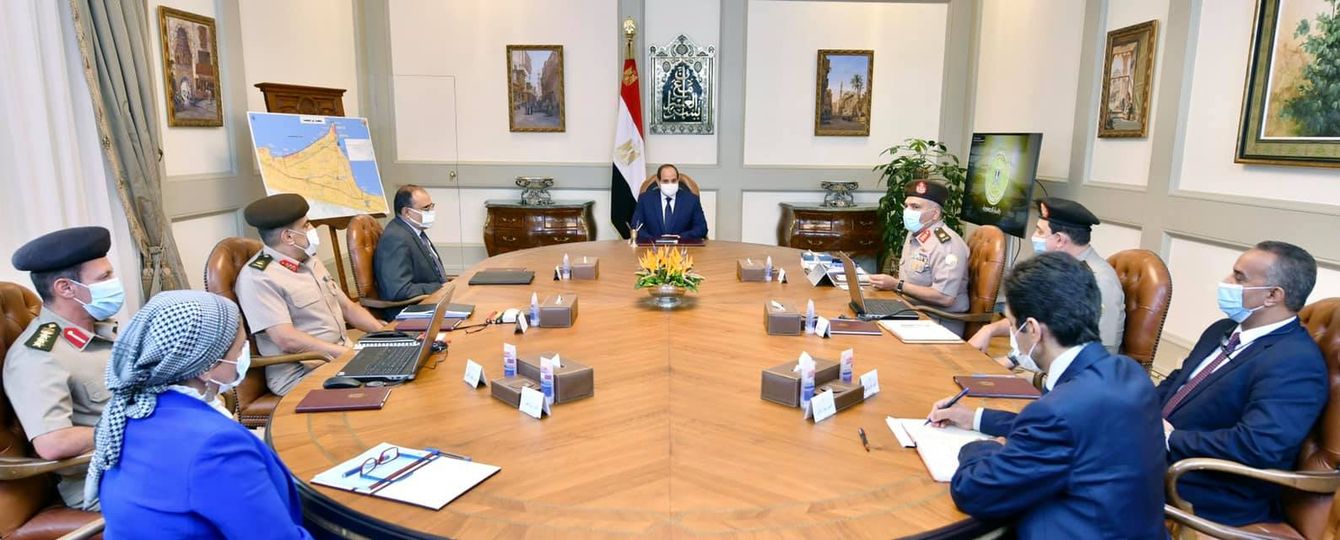 President Abdel Fatah al-Sisi in a meeting with officials to examine progress rate of certain construction works on August 24, 2021. Press Photo