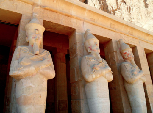 Detail of statues on the third terrace of the temple of Hatshepsut at Dayr al-Baḥrī, Thebes,Ron Gatepain (A Britannica Publishing Partner Egypt.