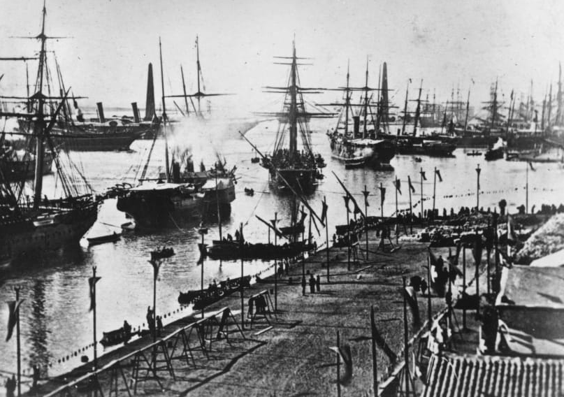 A fleet of ships enter the Suez Canal at its inauguration on November 17, 1869. Egypt was the first recorded country to dig a man-made canal across its land for international trade. Connecting the Mediterranean Sea to the Red Sea via the Nile, the Suez Canal is the shortest route between the east and the west. Otto Herschan/Hulton Archive/Getty Images