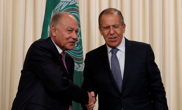 Arab League Secretary-General Ahmed Aboul Gheit shakes hands with Russian Foreign Minister Sergei Lavrov during a joint news conference following their meeting in Moscow, Russia, July 5, 2017. REUTERS