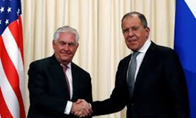 Russian Foreign Minister Sergei Lavrov shakes hands with U.S. Secretary of State Rex Tillerson during a news conference following their talks in Moscow, Russia, April 12, 2017.
