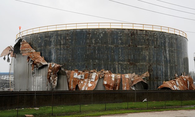 An oil tank damaged by Hurricane Harvey is seen near Seadrift, Texas, August 26, 2017.