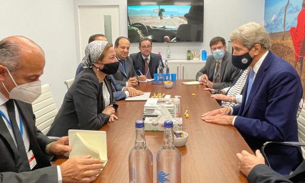 Egyptian Minister of Environment Yassmine Fouad meets with US Special Presidential Envoy for Climate John Kerry- press photo