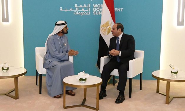 President Abdel Fatah al-Sisi and UAE Vice-President Sheikh Mohamed Bin Rashed Al Maktoum at the World Government Summit held in Dubai. February 13, 2023. Press Photo 