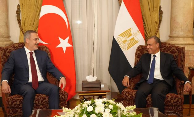 Egyptian Foreign Minister Badr Abdelatty meets with his Turkish counterpart Hakan Fidan in Cairo-based Tahiri Palace on August 5, 2024- press photo