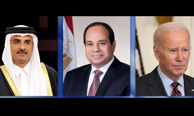 From left, Qatar's Emir Sheikh Tamim bin Hamad, Egyptian President Abdel Fattah El-Sisi and US President Joe Biden