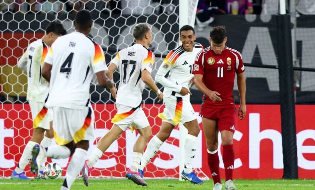 Germany's Florian Wirtz celebrates scoring their third goal with Germany's Jamal Musiala REUTERS/Thilo Schmuelgen 