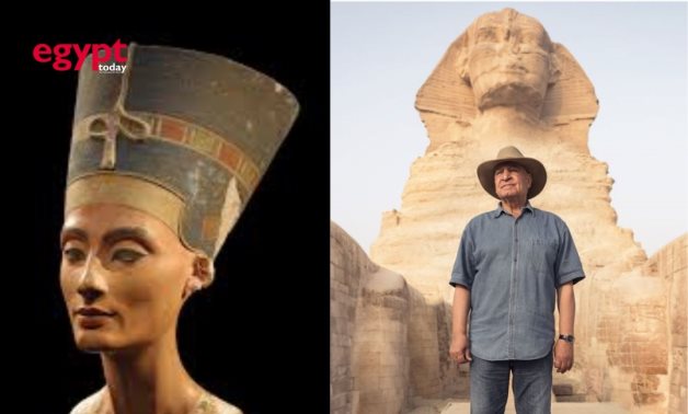 Queen Nefertiti bust and Zahi Hawass.