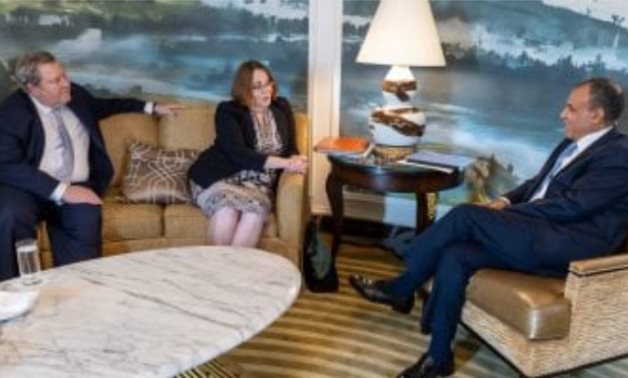 Egypt's FM Badr Abdel Aaty during a meeting with US Special Envoy for the Horn of Africa (SEHOA) Mike Hammer and Assistant Secretary of State for African Affairs Molly Phee