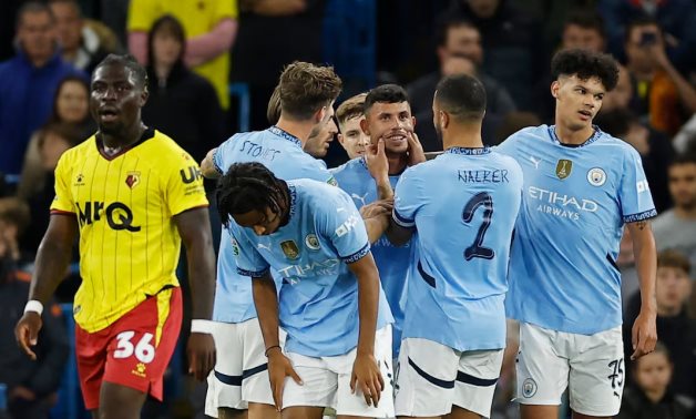 Manchester City's Matheus Nunes celebrates scoring their second goal with teammates Action Images via Reuters/Jason Cairnduff 