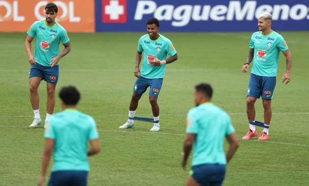 Brazil's Lucas Paqueta, Rodrygo and Bruno Guimaraes during training REUTERS/Carla Carniel