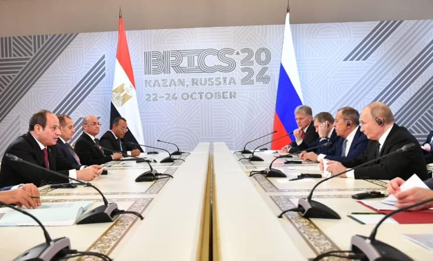 Egypt’s President Abdel Fattah El-Sisi holds expanded talks with Russian President Vladimir Putin on the sidelines of the BRICS summit in Kazan, October 22, 2024 – Egyptian Presidency