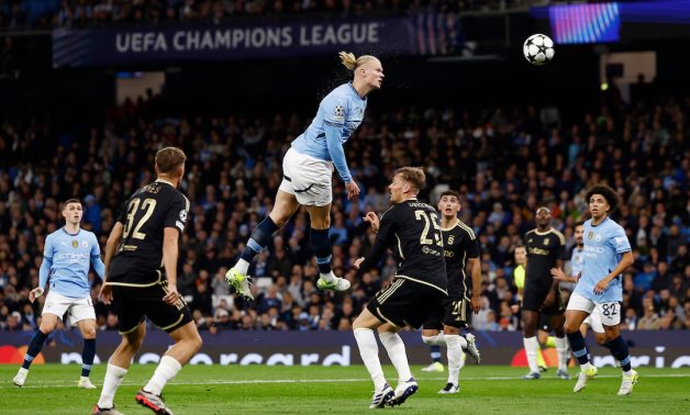 Manchester City's Erling Haaland heads at goal Action Images via Reuters/Jason Cairnduff