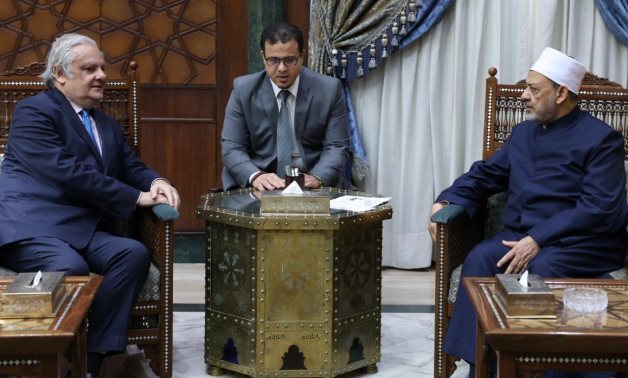  Grand Imam of Al Azhar Sheikh Ahmed El Tayeb meets with Peruvian ambassador to Egypt Alberto Gustavo Golvez de Rivero at a the Sheikhdom- press photo