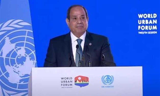 Egyptian President Abdel Fatah al-Sisi during his speech at WUF 12