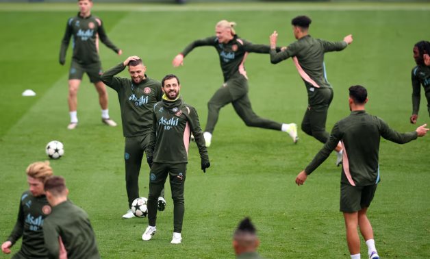 Manchester City's Bernardo Silva with Mateo Kovacic and teammates during training Action Images via Reuters/Ed Sykes/File Photo