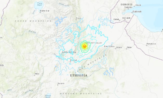 A magnitude-5.8 earthquake struck Ethiopia, nearby places of Abomsa and Amhara in the African country, on January 4, 2025.- USGS