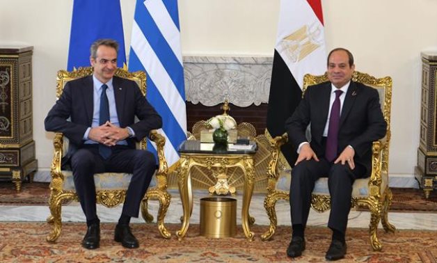 FILE - President Abdel Fattah El-Sisi meets with the Prime Minister of Greece, Kyriakos Mitsotakis, on the sidelines of the Egyptian-European summit, March 2024 - Egyptian Presidency