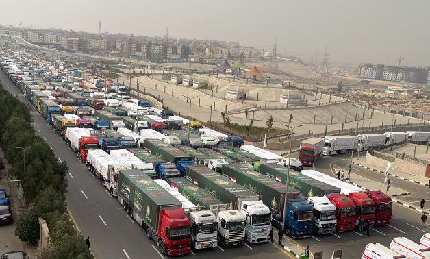 Long queues of humanitarian aid trucks waiting for the green light to move from Cairo heading towards the Gaza Strip on January 26, 2025- Samar Samir/ Egypt Today