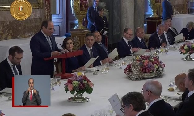 Egypt’s President Abdel Fattah El-Sisi delivers a speech at a luncheon hosted in his honor by the King and Queen of Spain in Madrid, 19 February 2025 – Egyptian Presidency