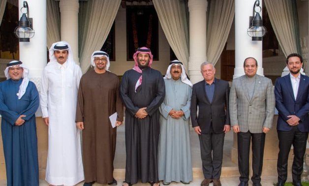 leaders of Egypt, Saudi Arabia, the UAE, Qatar, Kuwait, Bahrain, and Jordan pose for a photo after Riyadh meeting on the Palestinian issue on February 21, 2025- press photo