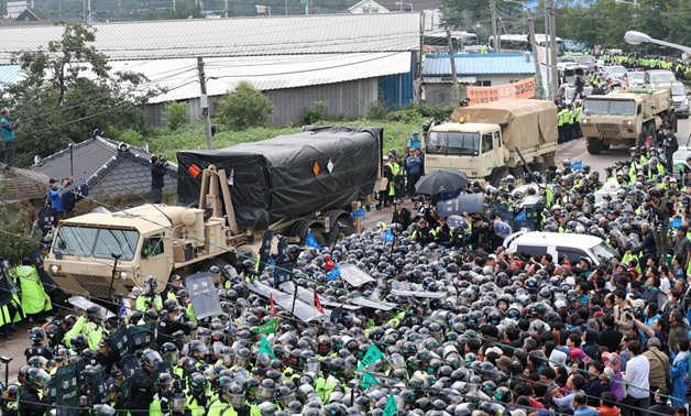 Parts of a Terminal High Altitude Area Defense (THAAD) system arrive at Seongju, South Korea, September 7, 2017. Min Gyeong-seok/News1 via REUTERS