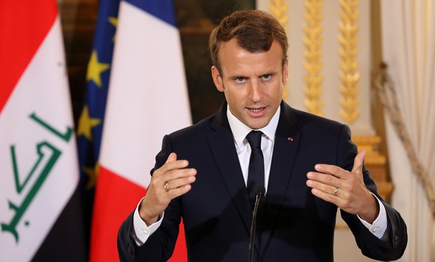 French President Emmanuel Macron speaks during a joint news conference with Iraqi Prime minister Haider Al-Abadi (not seen) at the Elysee Palace in Paris, France, October 5, 2017. REUTERS/Ludovic Marin/Pool