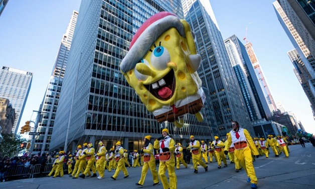 SpongeBob SquarePants floats above New York's 6th Avenue during the 92nd Annual Macy's Thanksgiving Day Parade on November 22, 2018
