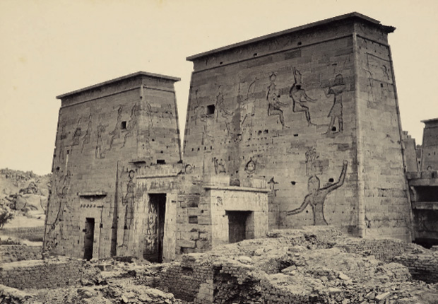 The first pylon of the Temple of Isis, Philae, by Francis Bedford, 13 March 1862. From Gordon & El Hage, Cities, Citadels, and Sights of the Near East, AUC Press. (Courtesy HM Queen Elizabeth II) 