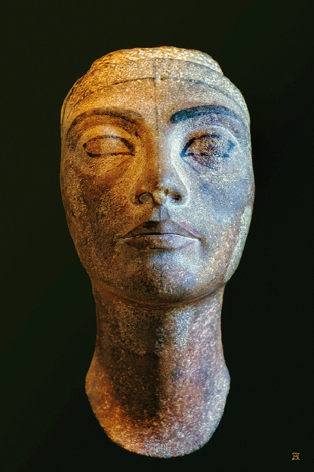 An unfinished quartzite head of Nefertiti from Amarna.