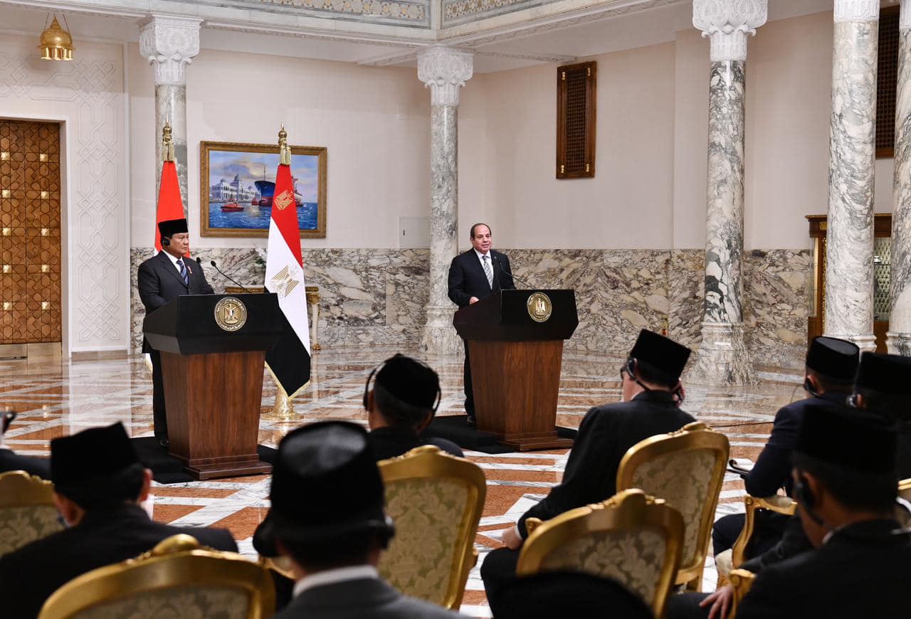 Egypt and Indonesia presidents speak during a press conference in Cairo