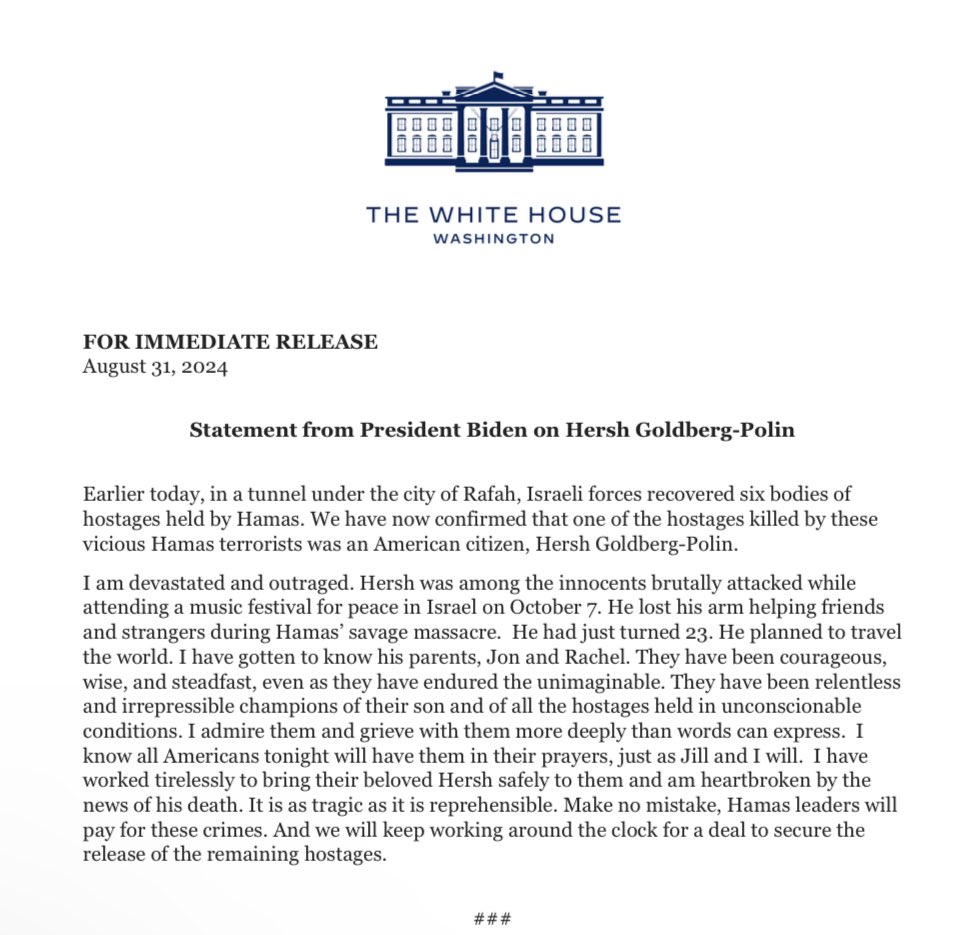 White House statement on death of six captives in Gaza