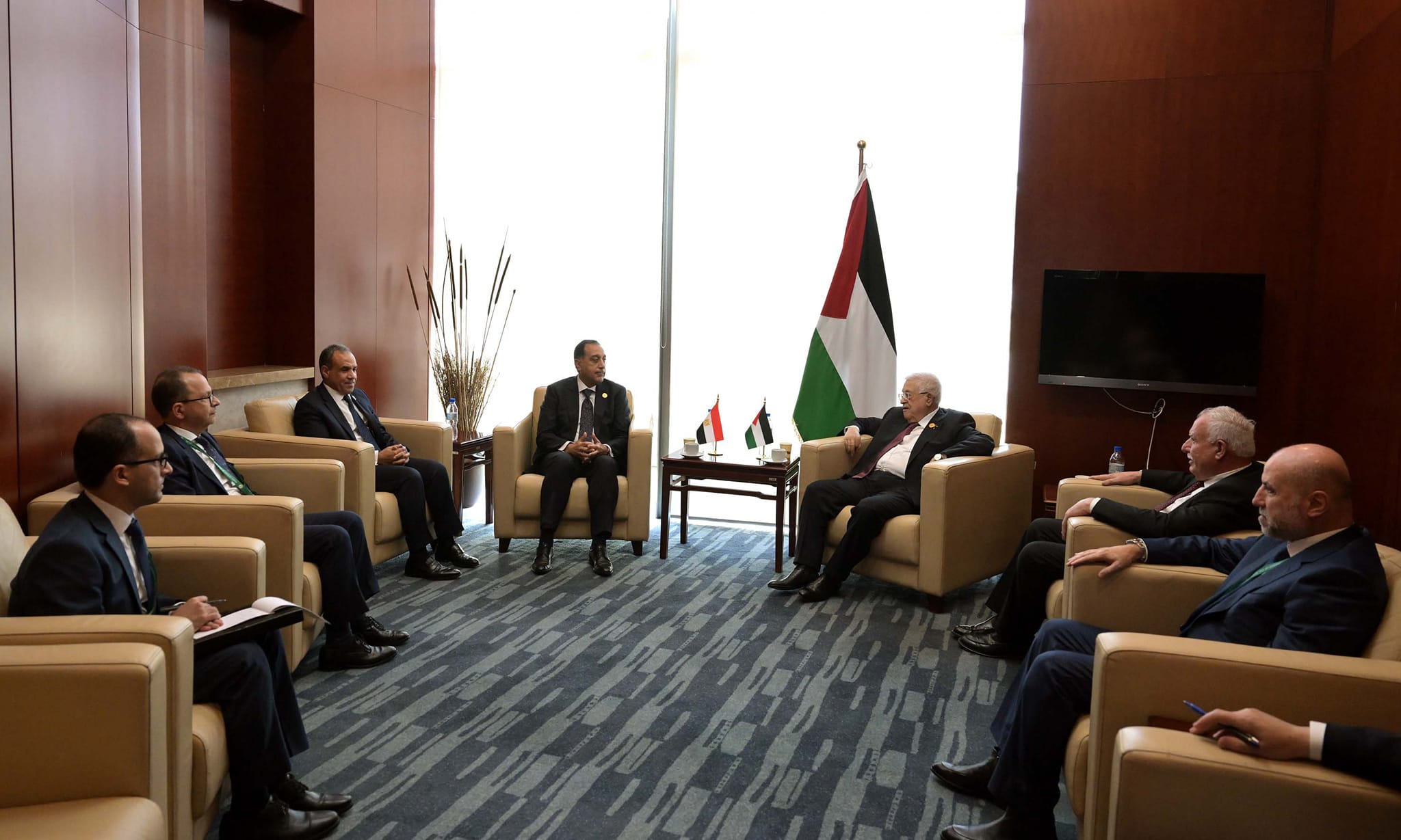 Egyptian PM Mostafa Madbouly meets with Palestinian President Mahmoud Abbas during the 38th African Summit